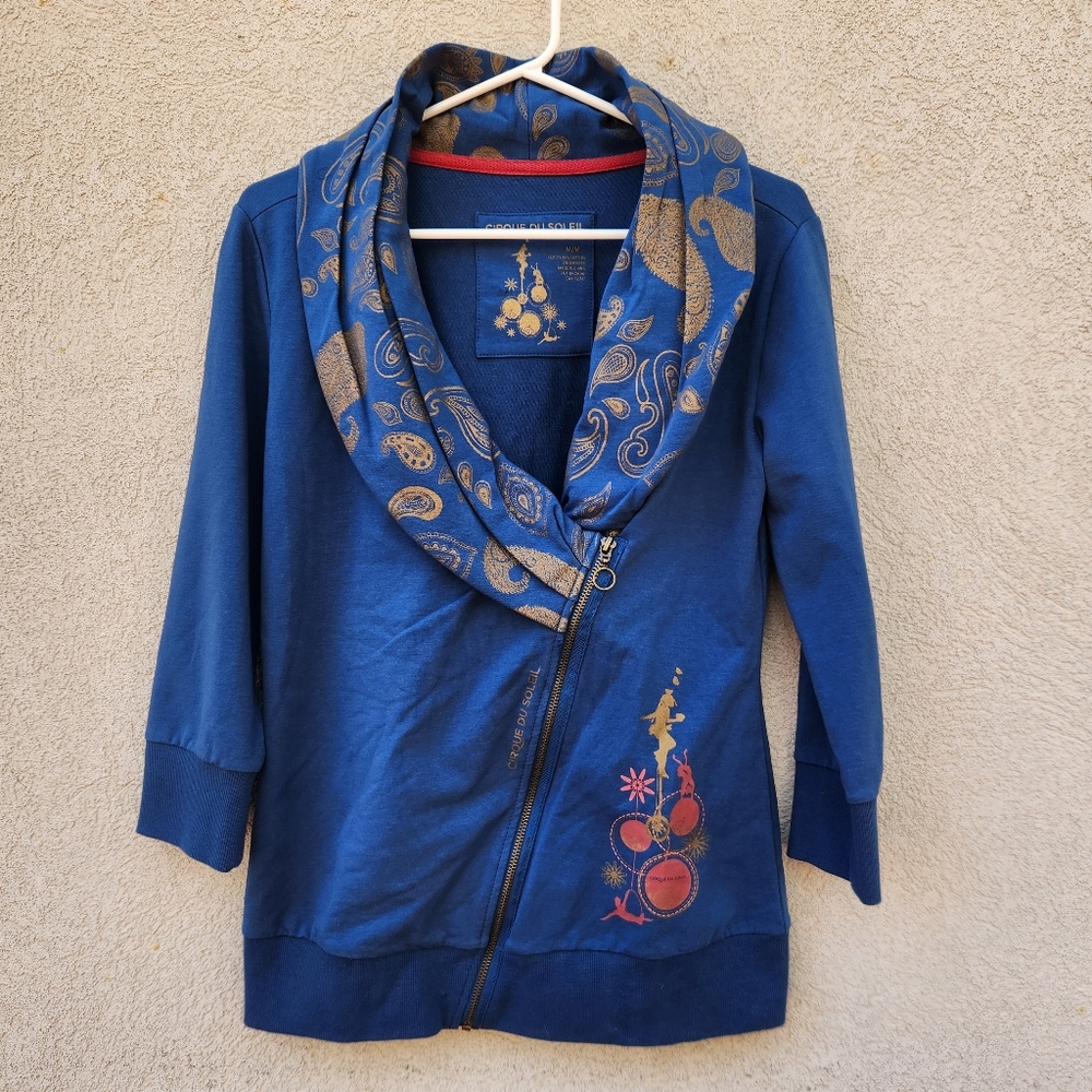 CIRQUE DU SOLEIL Women's Jacket Medium Blue Shawl Collar Gold Paisley Floral